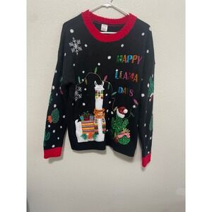 Holiday Time Ugly Christmas Sweater Womens Large Black Happy Llama Days Sequin